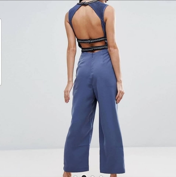 Asos Open Back Embellished Elegant Blue Jumpsuit - Picture 3 of 16